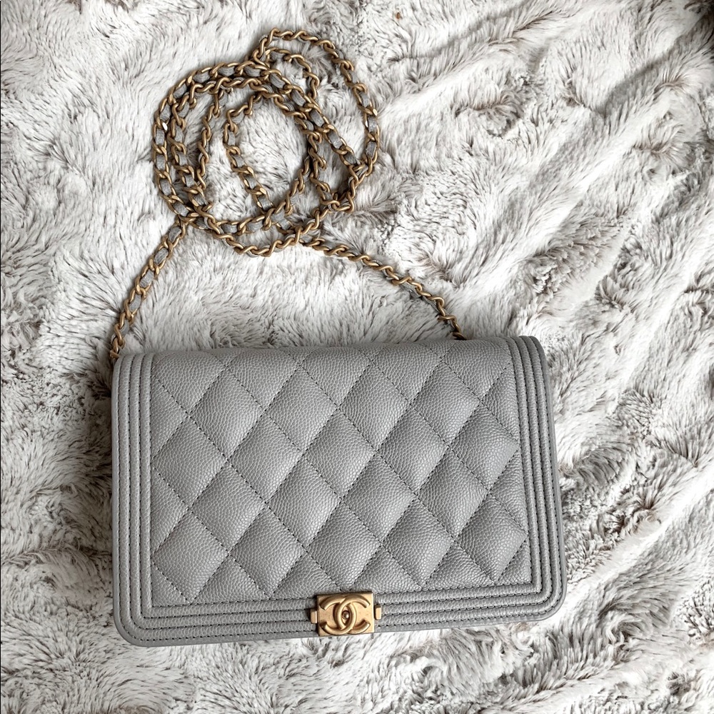 Chanel gray caviar boy wallet on chain woc